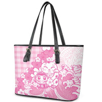 Pink Palaka Hawaiian And Japanese Leather Tote Bag Maneki Neko And Sakura Bloom DT05 - Polynesian Pride