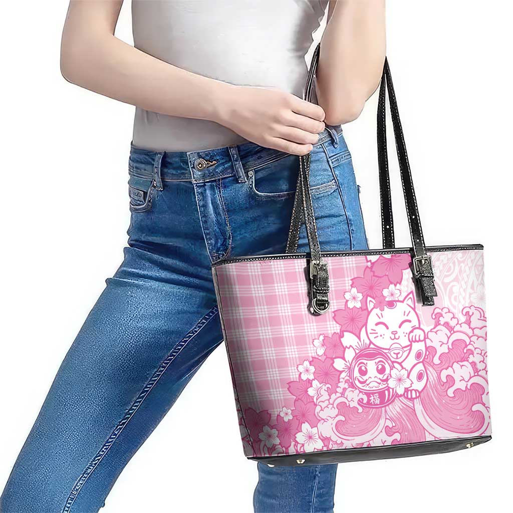 Pink Palaka Hawaiian And Japanese Leather Tote Bag Maneki Neko And Sakura Bloom DT05 - Polynesian Pride