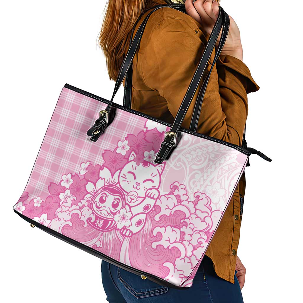 Pink Palaka Hawaiian And Japanese Leather Tote Bag Maneki Neko And Sakura Bloom DT05 - Polynesian Pride