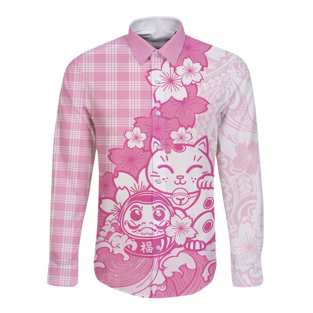 Pink Palaka Hawaiian And Japanese Long Sleeve Button Shirt Maneki Neko And Sakura Bloom