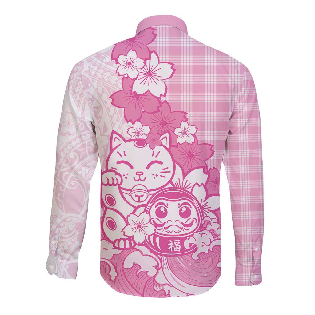Pink Palaka Hawaiian And Japanese Long Sleeve Button Shirt Maneki Neko And Sakura Bloom