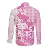 Pink Palaka Hawaiian And Japanese Long Sleeve Button Shirt Maneki Neko And Sakura Bloom