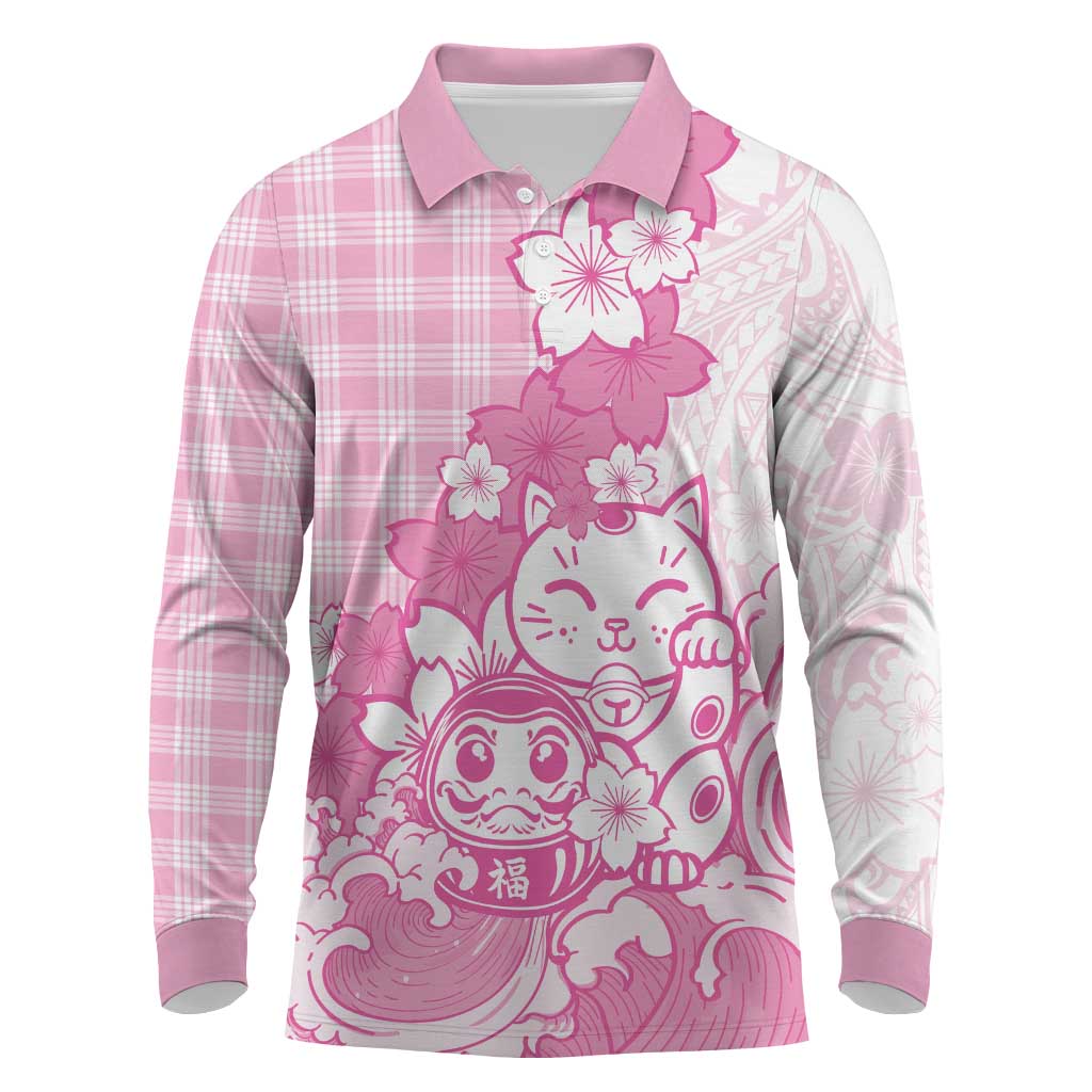 Pink Palaka Hawaiian And Japanese Long Sleeve Polo Shirt Maneki Neko And Sakura Bloom DT05 Pink - Polynesian Pride