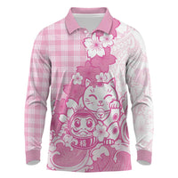 Pink Palaka Hawaiian And Japanese Long Sleeve Polo Shirt Maneki Neko And Sakura Bloom DT05 Pink - Polynesian Pride