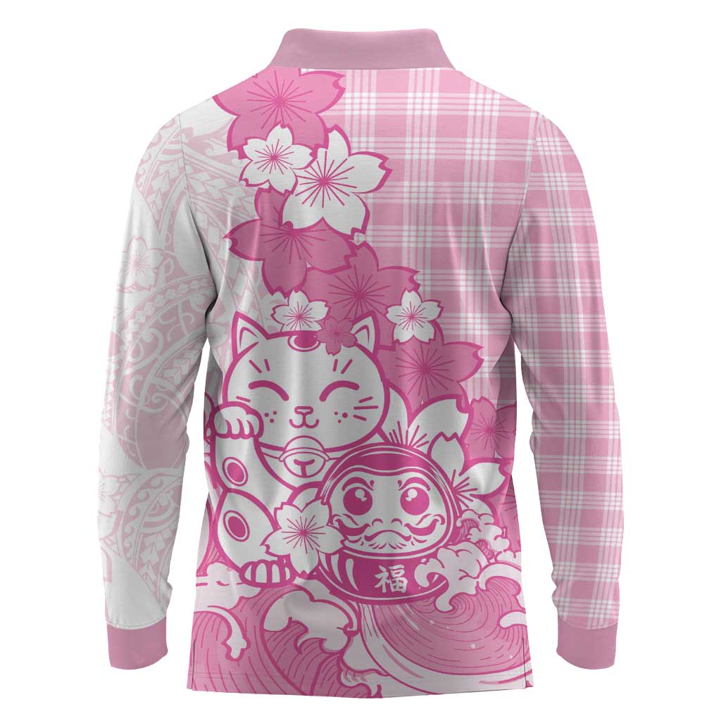 Pink Palaka Hawaiian And Japanese Long Sleeve Polo Shirt Maneki Neko And Sakura Bloom DT05 - Polynesian Pride