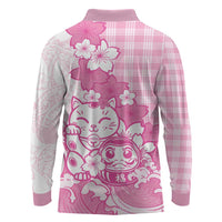 Pink Palaka Hawaiian And Japanese Long Sleeve Polo Shirt Maneki Neko And Sakura Bloom DT05 - Polynesian Pride