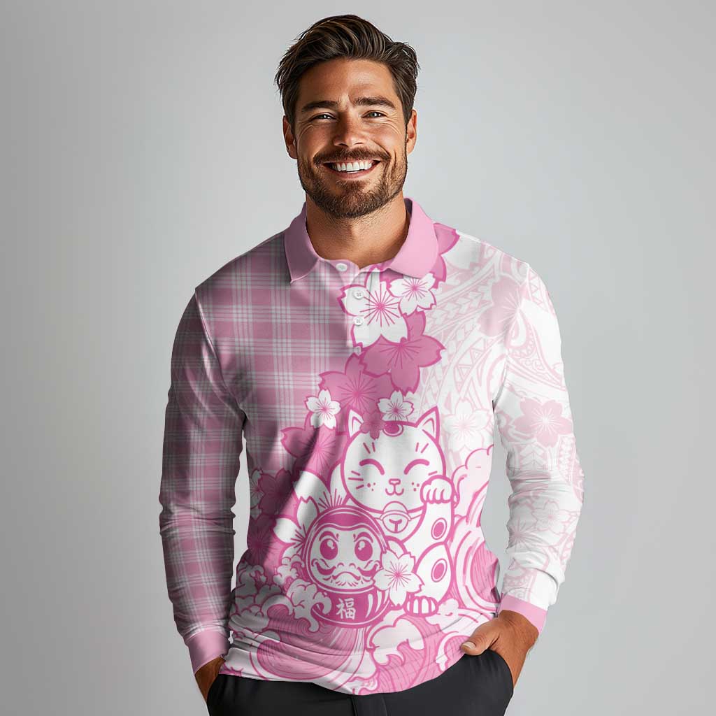 Pink Palaka Hawaiian And Japanese Long Sleeve Polo Shirt Maneki Neko And Sakura Bloom DT05 - Polynesian Pride