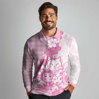 Pink Palaka Hawaiian And Japanese Long Sleeve Polo Shirt Maneki Neko And Sakura Bloom DT05 - Polynesian Pride