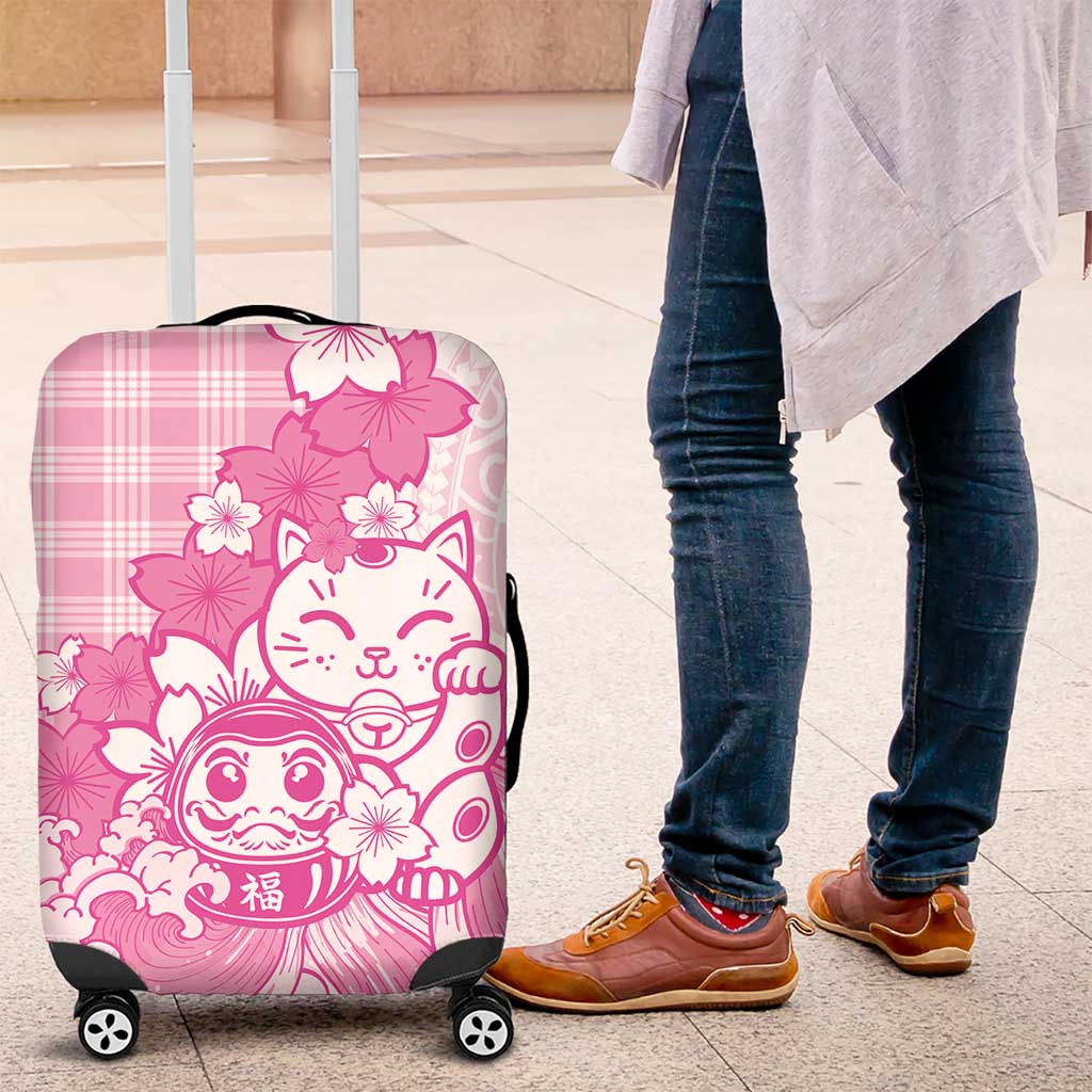 Pink Palaka Hawaiian And Japanese Luggage Cover Maneki Neko And Sakura Bloom DT05 Pink - Polynesian Pride