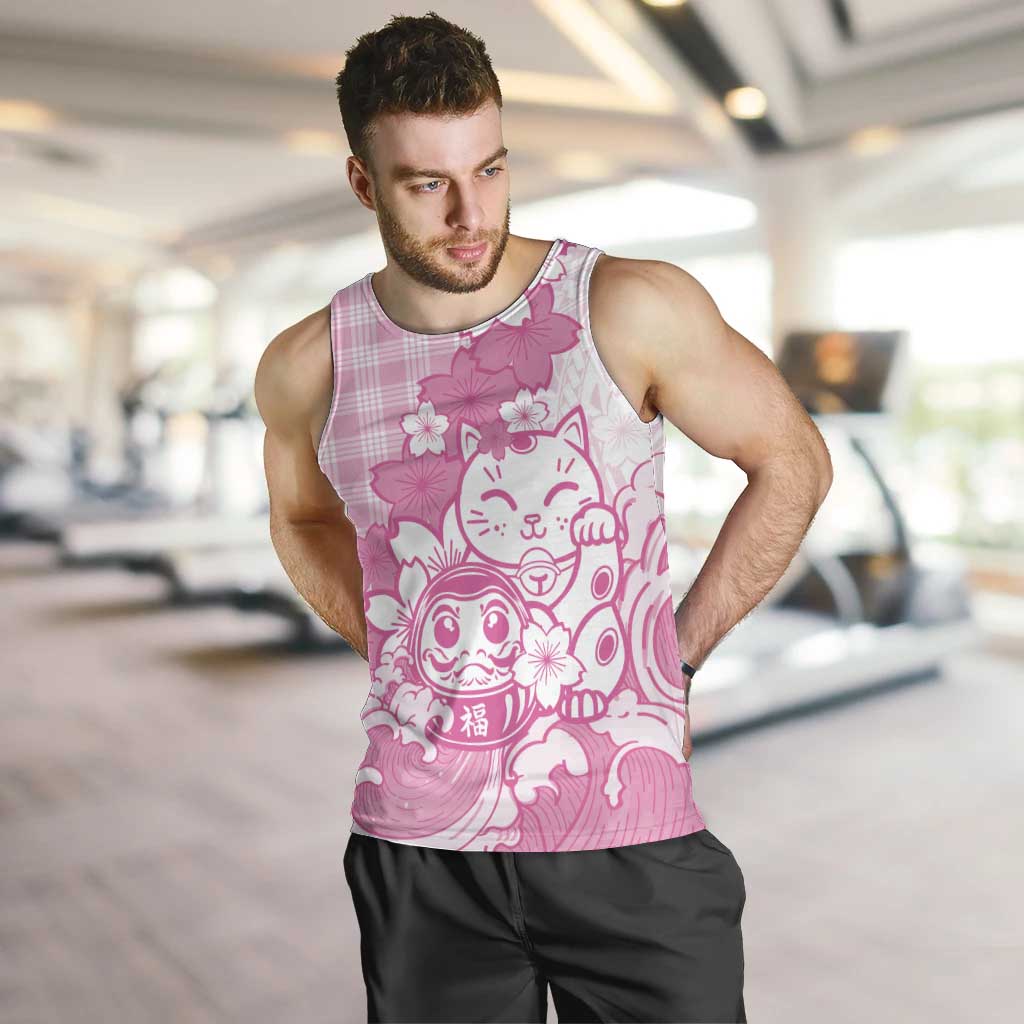 Pink Palaka Hawaiian And Japanese Men Tank Top Maneki Neko And Sakura Bloom DT05 Pink - Polynesian Pride