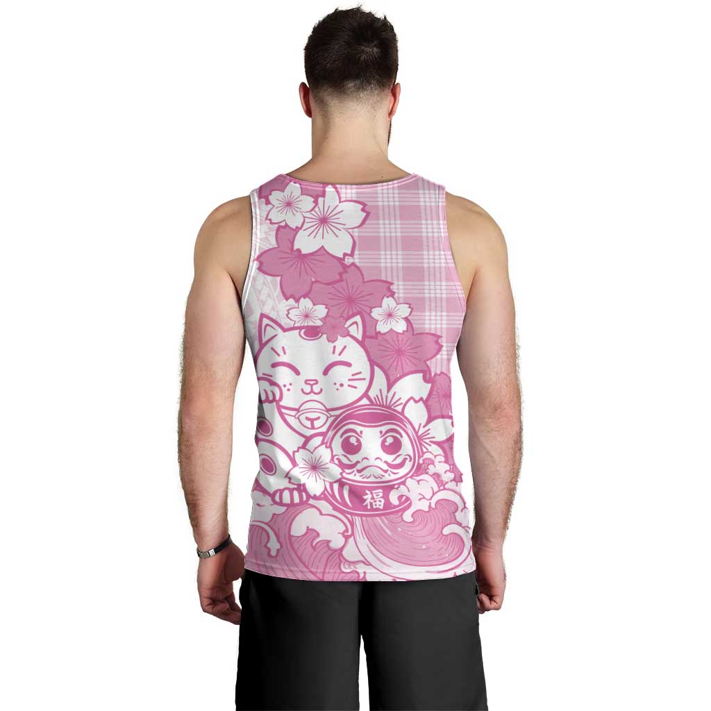 Pink Palaka Hawaiian And Japanese Men Tank Top Maneki Neko And Sakura Bloom DT05 - Polynesian Pride