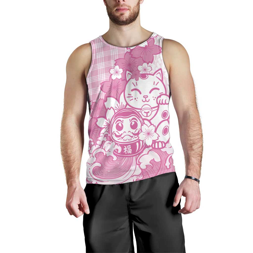Pink Palaka Hawaiian And Japanese Men Tank Top Maneki Neko And Sakura Bloom DT05 - Polynesian Pride