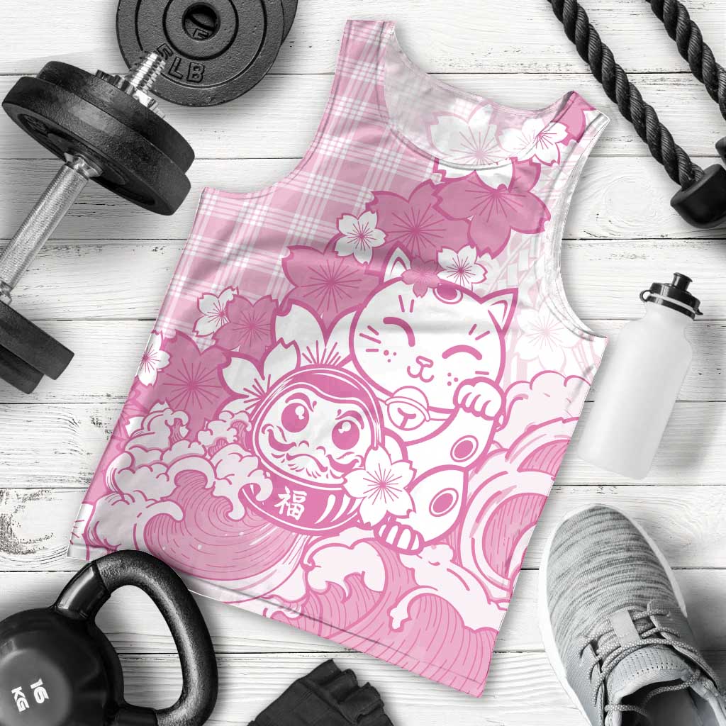 Pink Palaka Hawaiian And Japanese Men Tank Top Maneki Neko And Sakura Bloom DT05 - Polynesian Pride