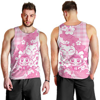 Pink Palaka Hawaiian And Japanese Men Tank Top Maneki Neko And Sakura Bloom DT05 - Polynesian Pride