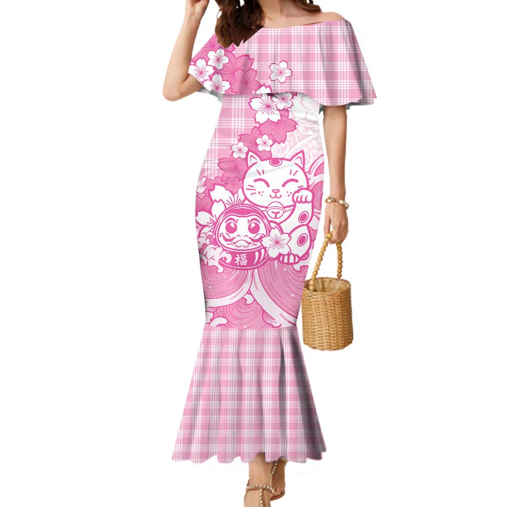 Pink Palaka Hawaiian And Japanese Mermaid Dress Maneki Neko And Sakura Bloom DT05 Women Pink - Polynesian Pride