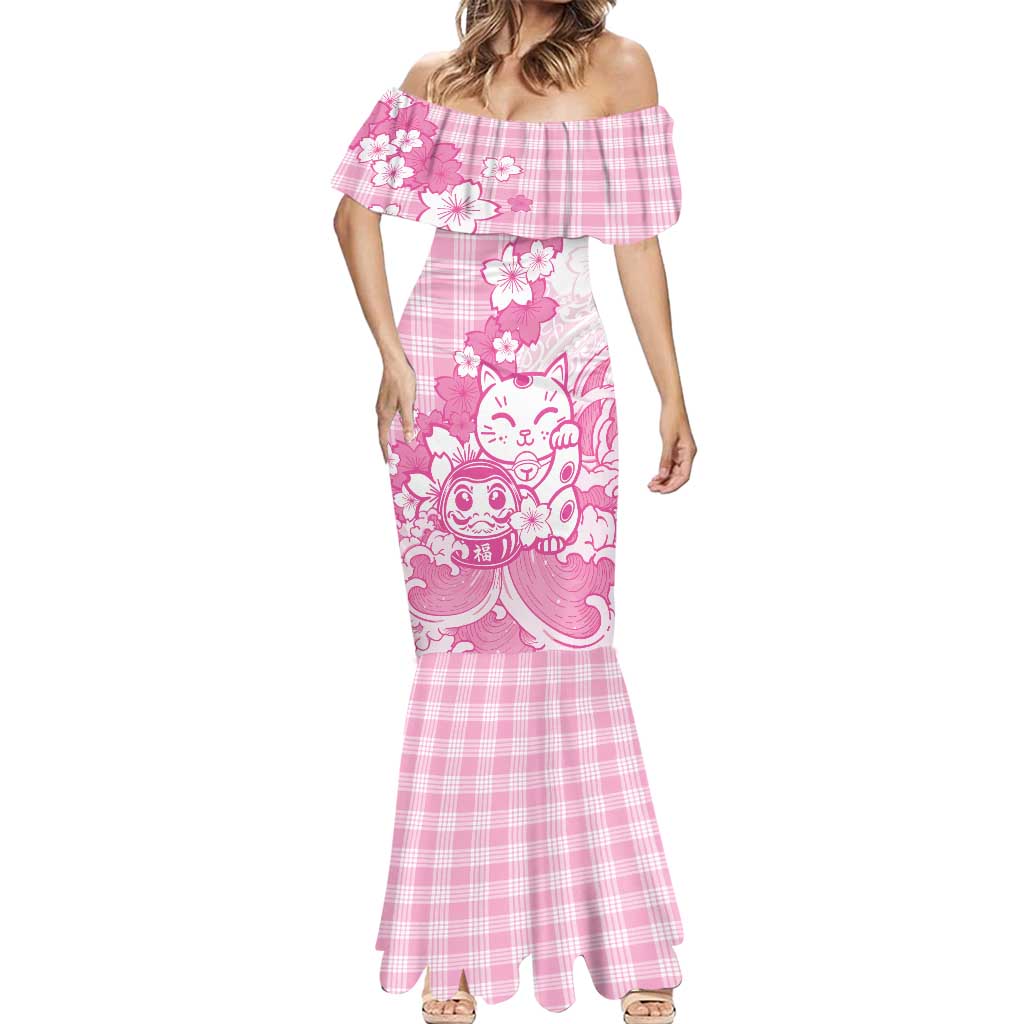 Pink Palaka Hawaiian And Japanese Mermaid Dress Maneki Neko And Sakura Bloom DT05 - Polynesian Pride