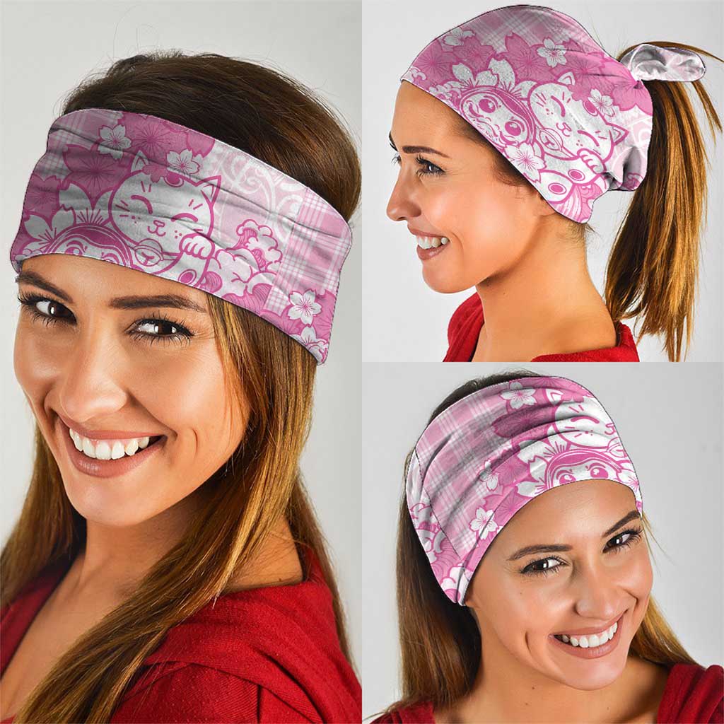 Pink Palaka Hawaiian And Japanese Neck Gaiter Maneki Neko And Sakura Bloom