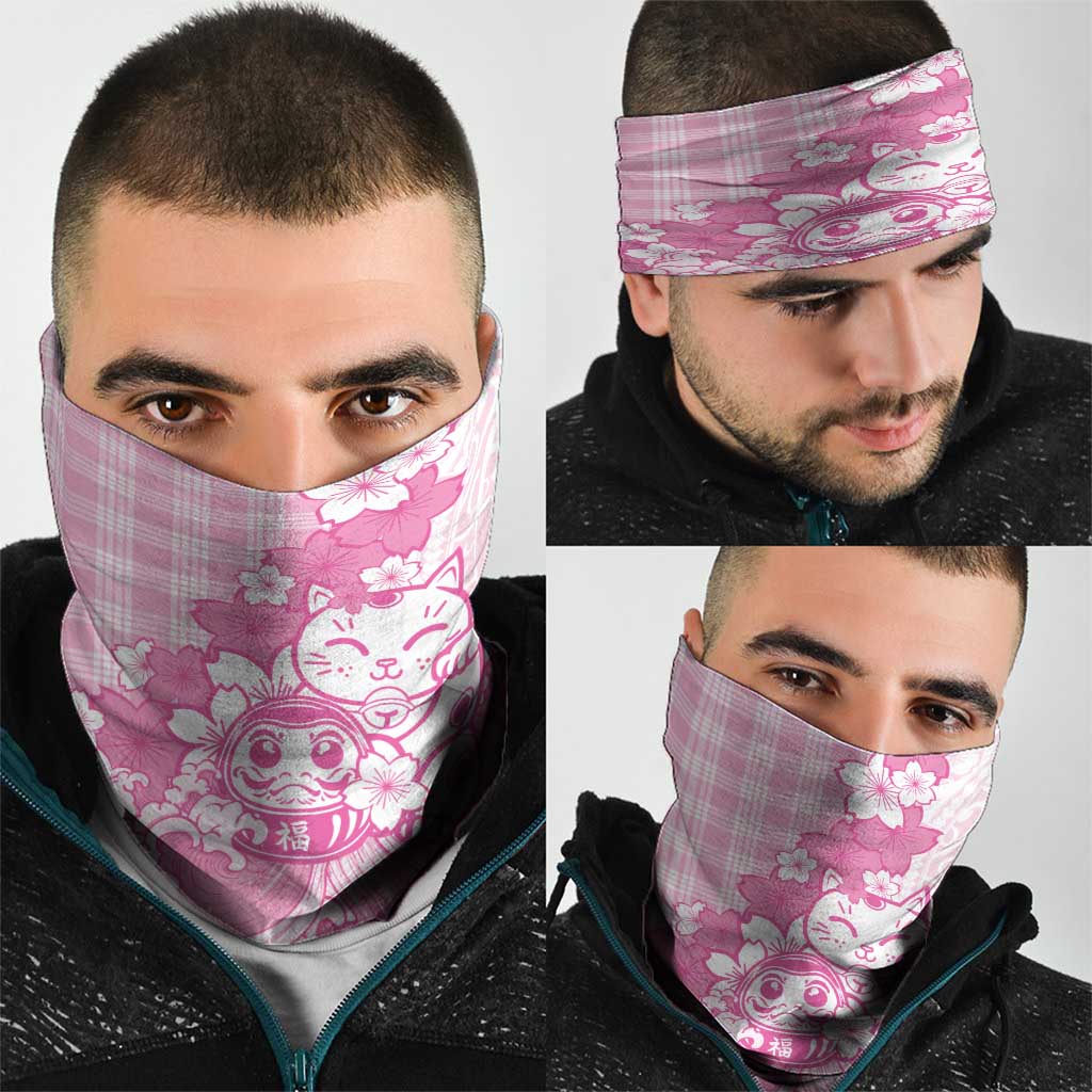 Pink Palaka Hawaiian And Japanese Neck Gaiter Maneki Neko And Sakura Bloom