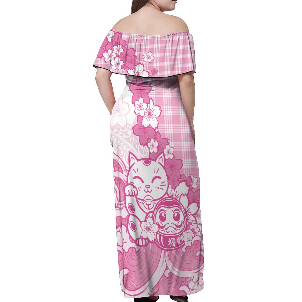Pink Palaka Hawaiian And Japanese Off Shoulder Maxi Dress Maneki Neko And Sakura Bloom DT05 - Polynesian Pride