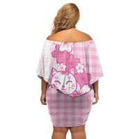 Pink Palaka Hawaiian And Japanese Off Shoulder Short Dress Maneki Neko And Sakura Bloom DT05 - Polynesian Pride
