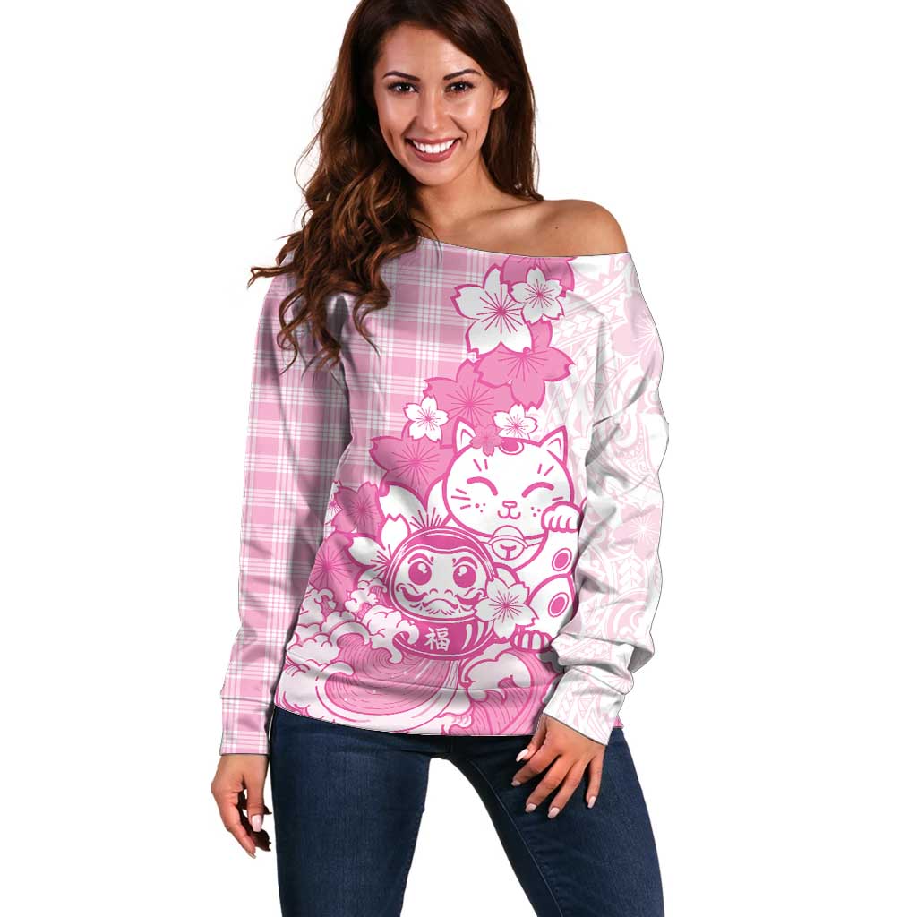 Pink Palaka Hawaiian And Japanese Off Shoulder Sweater Maneki Neko And Sakura Bloom DT05 Women Pink - Polynesian Pride