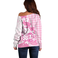 Pink Palaka Hawaiian And Japanese Off Shoulder Sweater Maneki Neko And Sakura Bloom DT05 - Polynesian Pride