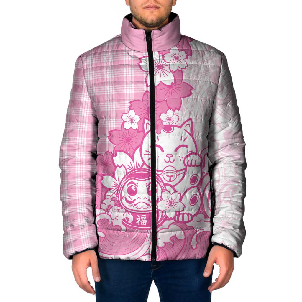 Pink Palaka Hawaiian And Japanese Padded Jacket Maneki Neko And Sakura Bloom DT05 Men Pink - Polynesian Pride