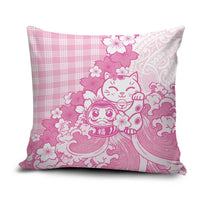 Pink Palaka Hawaiian And Japanese Pillow Cover Maneki Neko And Sakura Bloom DT05 Pink - Polynesian Pride