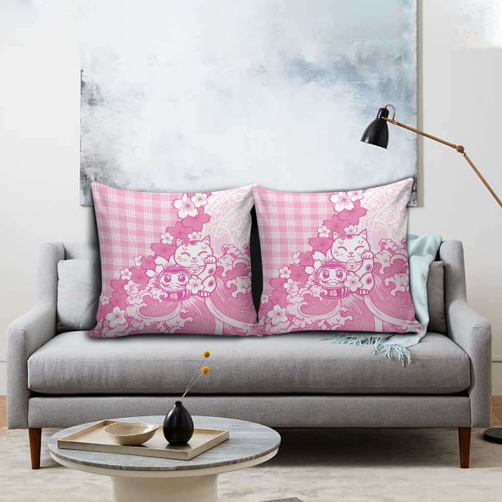 Pink Palaka Hawaiian And Japanese Pillow Cover Maneki Neko And Sakura Bloom DT05 - Polynesian Pride