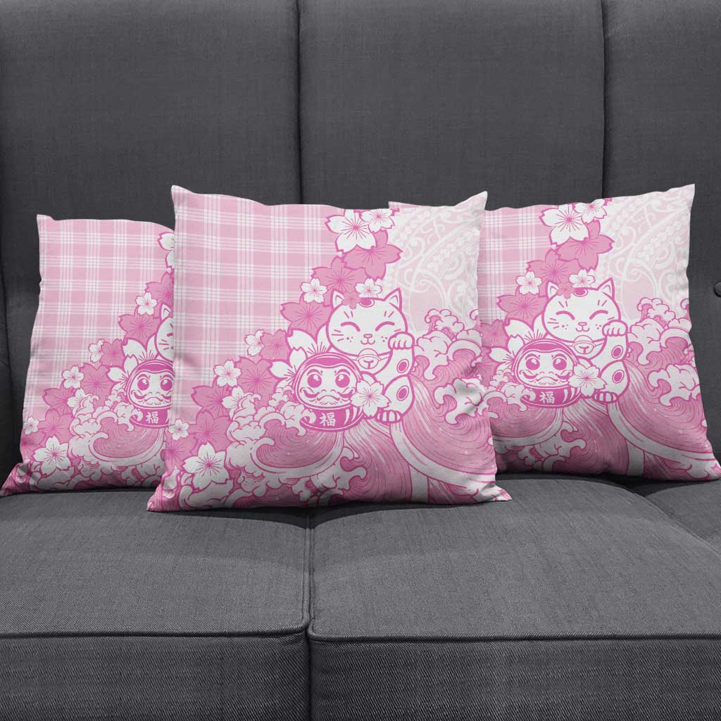 Pink Palaka Hawaiian And Japanese Pillow Cover Maneki Neko And Sakura Bloom DT05 - Polynesian Pride