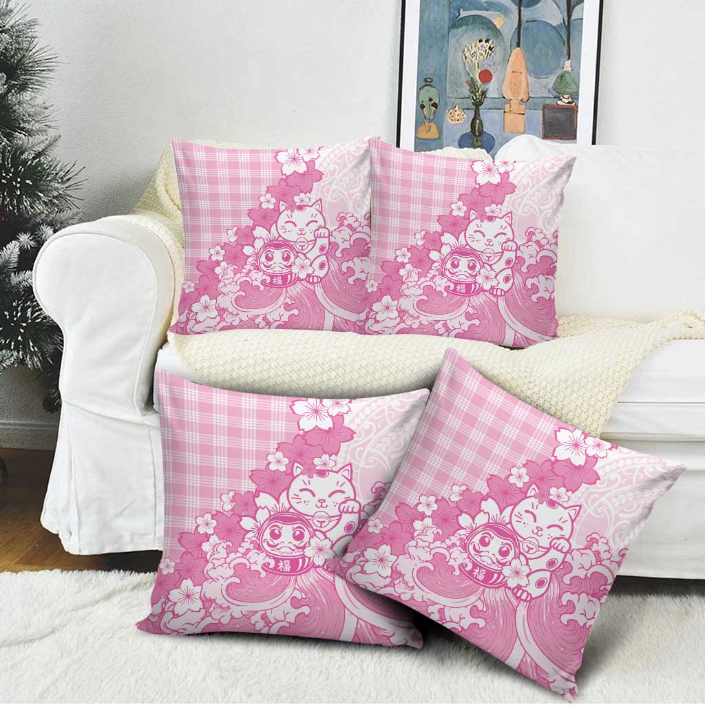 Pink Palaka Hawaiian And Japanese Pillow Cover Maneki Neko And Sakura Bloom DT05 - Polynesian Pride