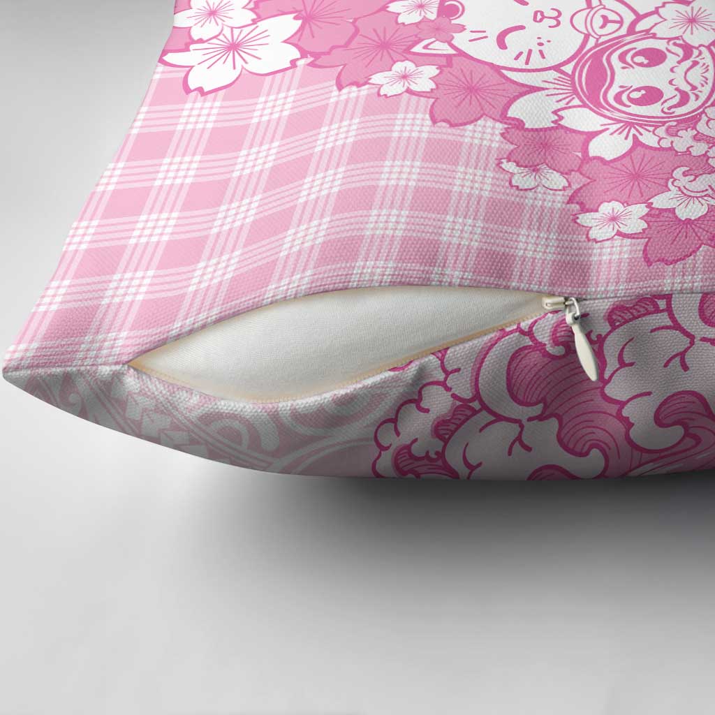 Pink Palaka Hawaiian And Japanese Pillow Cover Maneki Neko And Sakura Bloom DT05 - Polynesian Pride