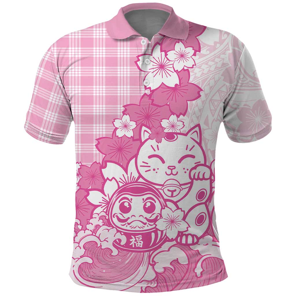 Pink Palaka Hawaiian And Japanese Polo Shirt Maneki Neko And Sakura Bloom DT05 Pink - Polynesian Pride
