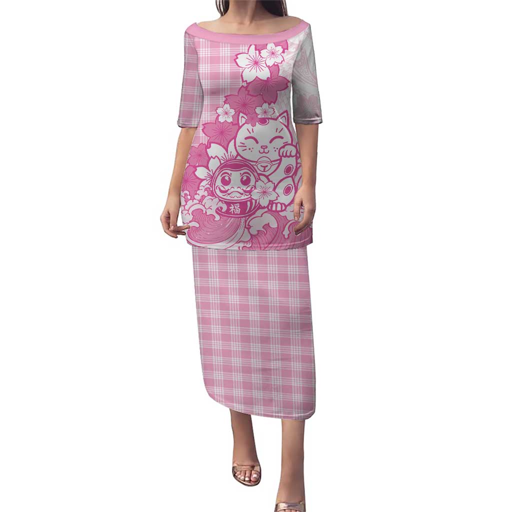 Pink Palaka Hawaiian And Japanese Puletasi Maneki Neko And Sakura Bloom DT05 Long Dress Pink - Polynesian Pride
