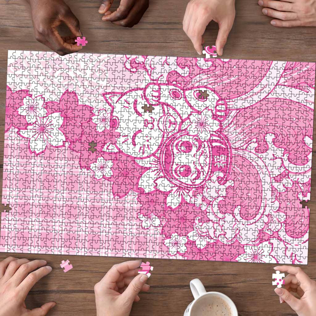 Pink Palaka Hawaiian And Japanese Puzzle Maneki Neko And Sakura Bloom DT05 - Polynesian Pride
