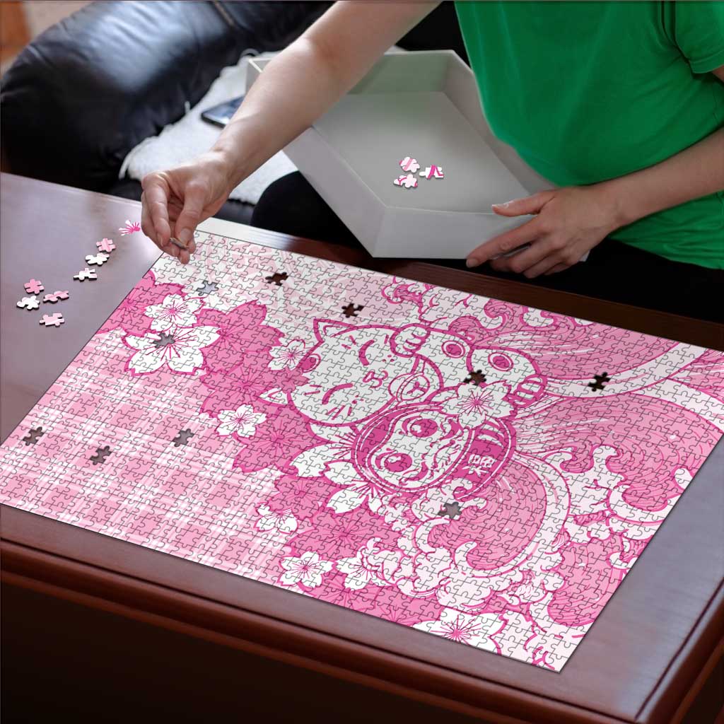 Pink Palaka Hawaiian And Japanese Puzzle Maneki Neko And Sakura Bloom DT05 - Polynesian Pride
