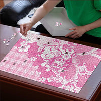 Pink Palaka Hawaiian And Japanese Puzzle Maneki Neko And Sakura Bloom DT05 - Polynesian Pride