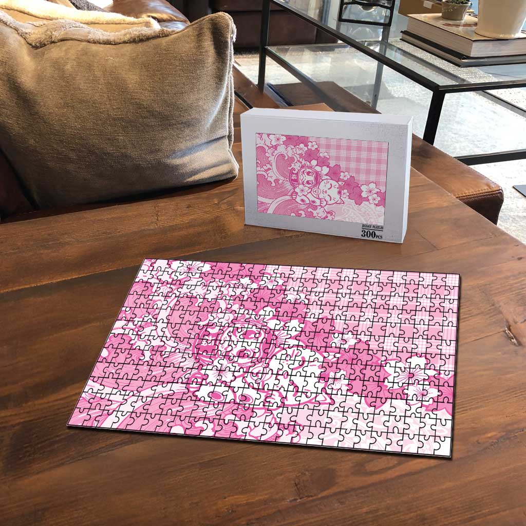 Pink Palaka Hawaiian And Japanese Puzzle Maneki Neko And Sakura Bloom DT05 - Polynesian Pride