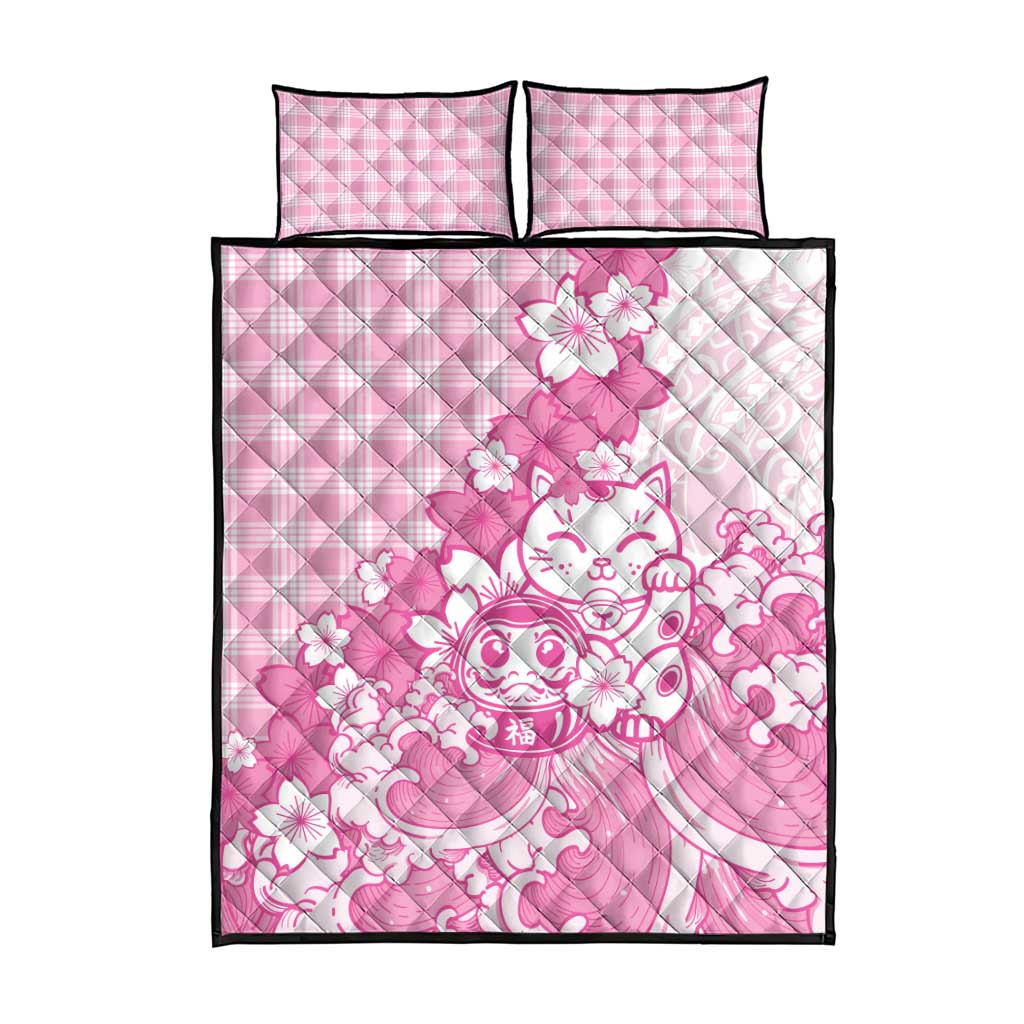 Pink Palaka Hawaiian And Japanese Quilt Bed Set Maneki Neko And Sakura Bloom DT05 - Polynesian Pride
