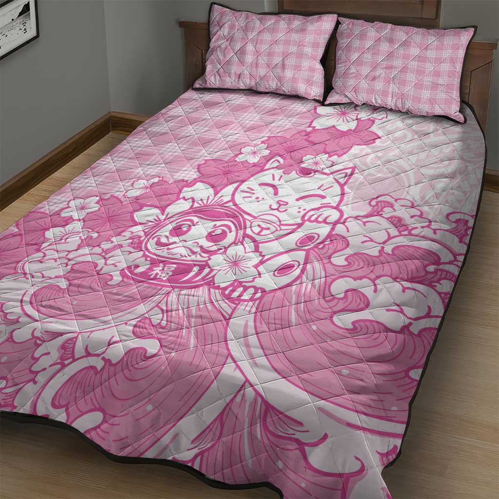 Pink Palaka Hawaiian And Japanese Quilt Bed Set Maneki Neko And Sakura Bloom DT05 - Polynesian Pride