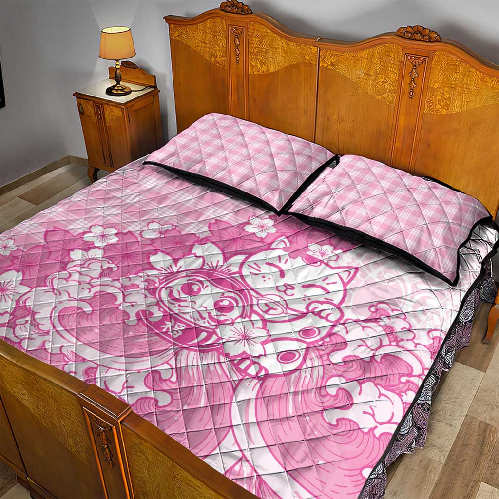 Pink Palaka Hawaiian And Japanese Quilt Bed Set Maneki Neko And Sakura Bloom DT05 - Polynesian Pride