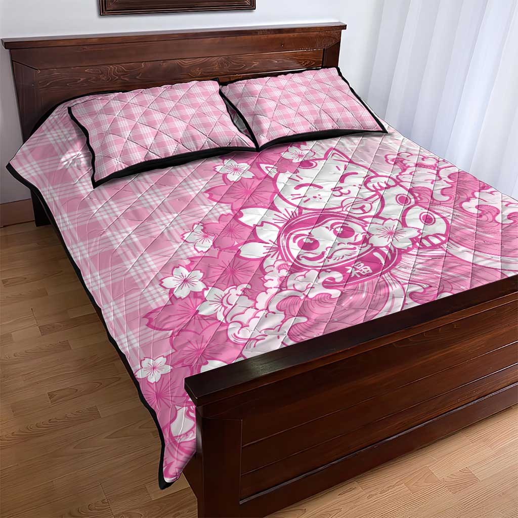 Pink Palaka Hawaiian And Japanese Quilt Bed Set Maneki Neko And Sakura Bloom DT05 - Polynesian Pride