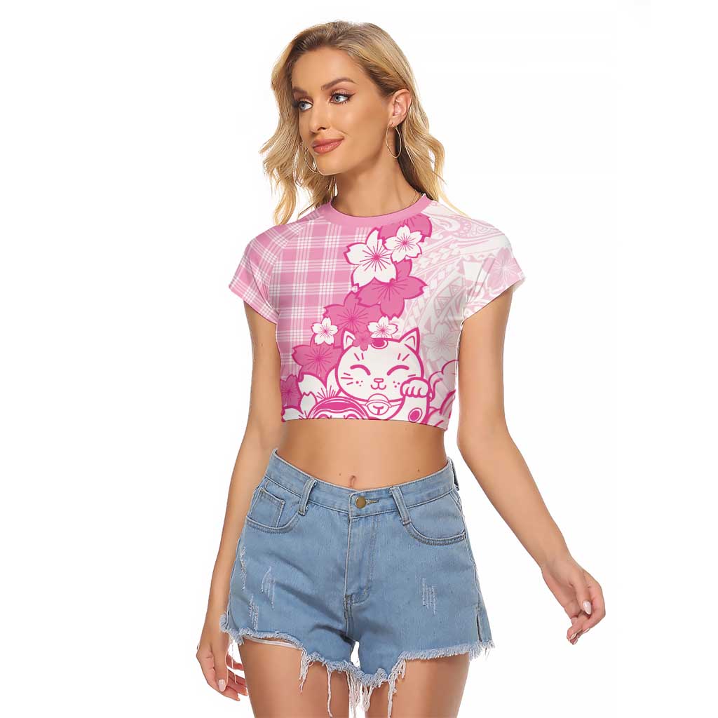 Pink Palaka Hawaiian And Japanese Raglan Cropped T Shirt Maneki Neko And Sakura Bloom