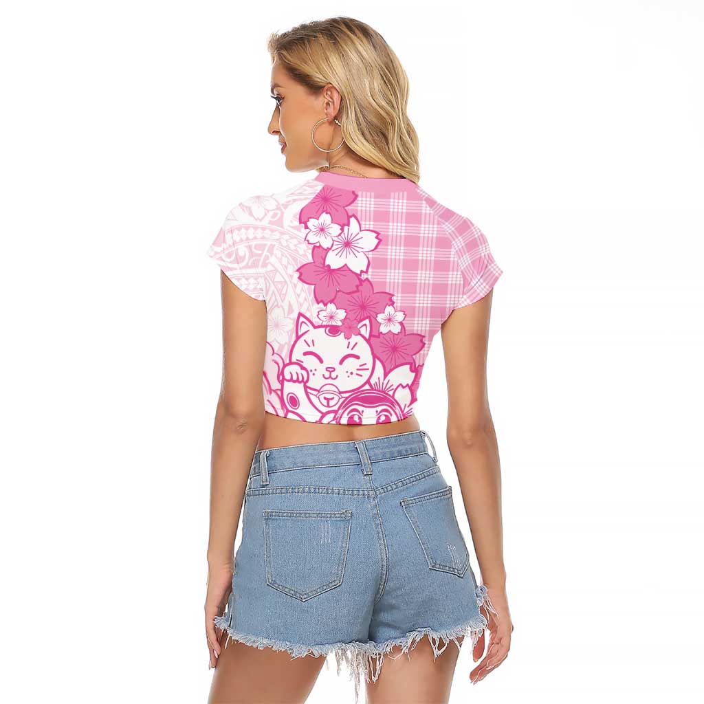 Pink Palaka Hawaiian And Japanese Raglan Cropped T Shirt Maneki Neko And Sakura Bloom