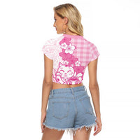 Pink Palaka Hawaiian And Japanese Raglan Cropped T Shirt Maneki Neko And Sakura Bloom