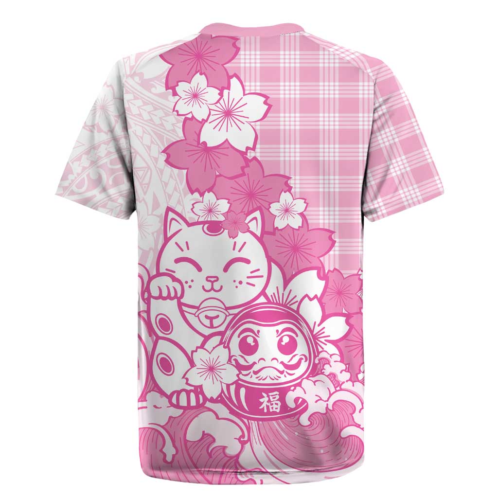 Pink Palaka Hawaiian And Japanese Rugby Jersey Maneki Neko And Sakura Bloom DT05 - Polynesian Pride