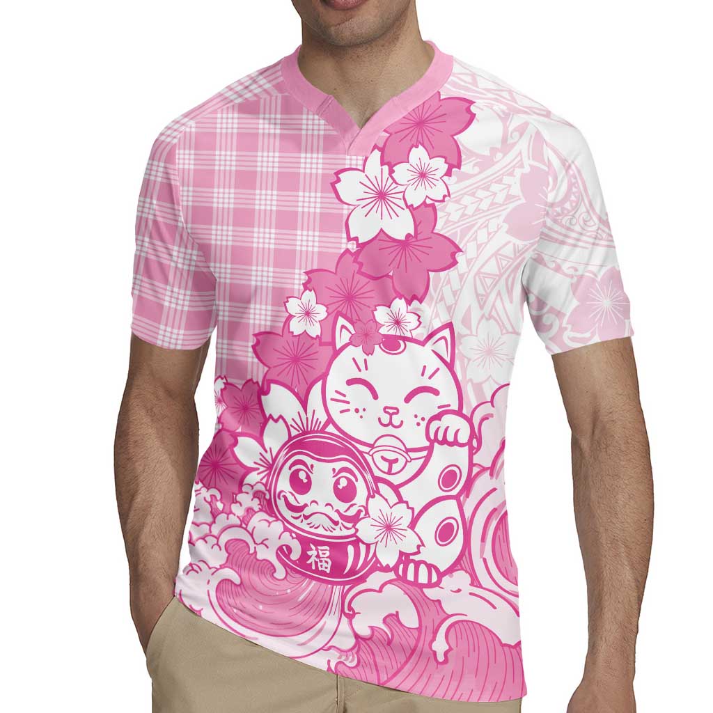 Pink Palaka Hawaiian And Japanese Rugby Jersey Maneki Neko And Sakura Bloom DT05 - Polynesian Pride