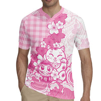 Pink Palaka Hawaiian And Japanese Rugby Jersey Maneki Neko And Sakura Bloom DT05 - Polynesian Pride