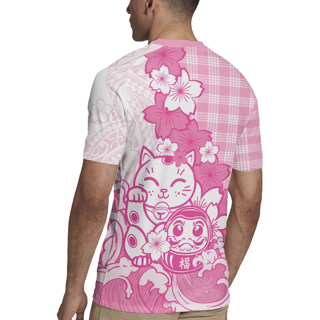 Pink Palaka Hawaiian And Japanese Rugby Jersey Maneki Neko And Sakura Bloom DT05 - Polynesian Pride