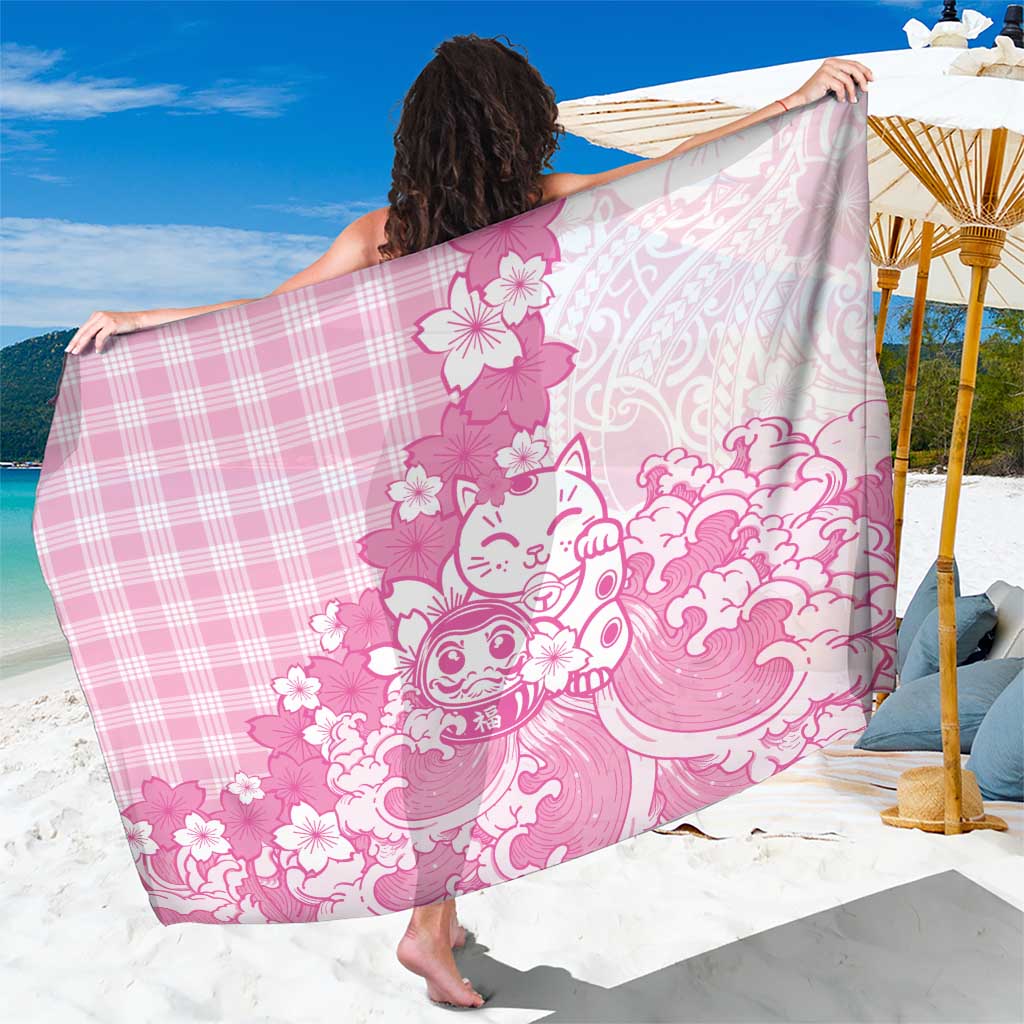 Pink Palaka Hawaiian And Japanese Sarong Maneki Neko And Sakura Bloom DT05 One Size 44 x 66 inches Pink - Polynesian Pride